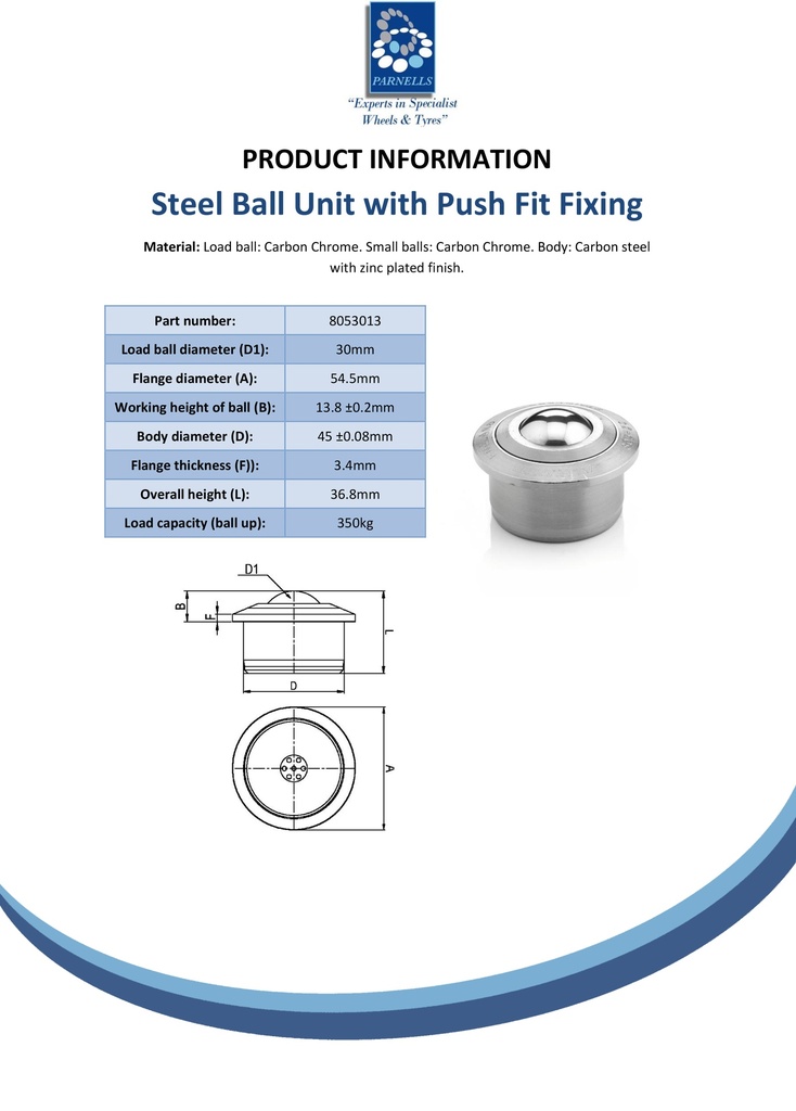 Ball Transfer Unit Heavy Duty 800 Series Carbon Chrome Load Ball Diameter 30mm - Spec Sheet