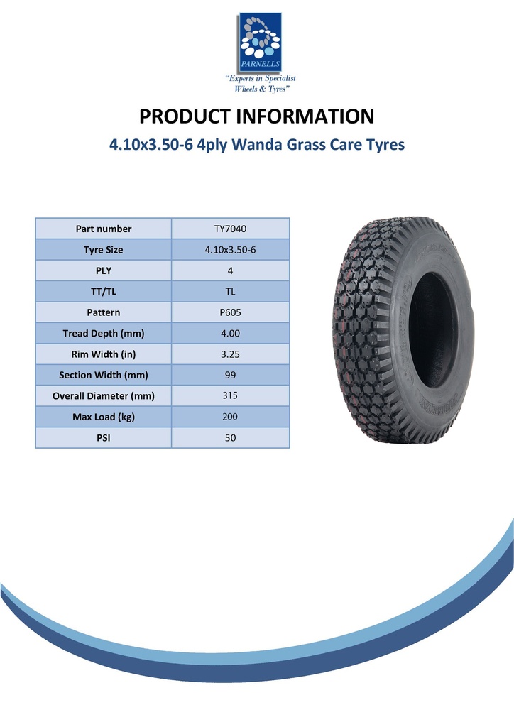 4.10/3.50-6 4pr Wanda P605 block tyre specification