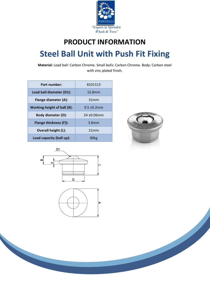 Ball Transfer Unit Heavy Duty 800 Series Carbon Chrome Load Ball Diameter 15.8mm - Spec sheet