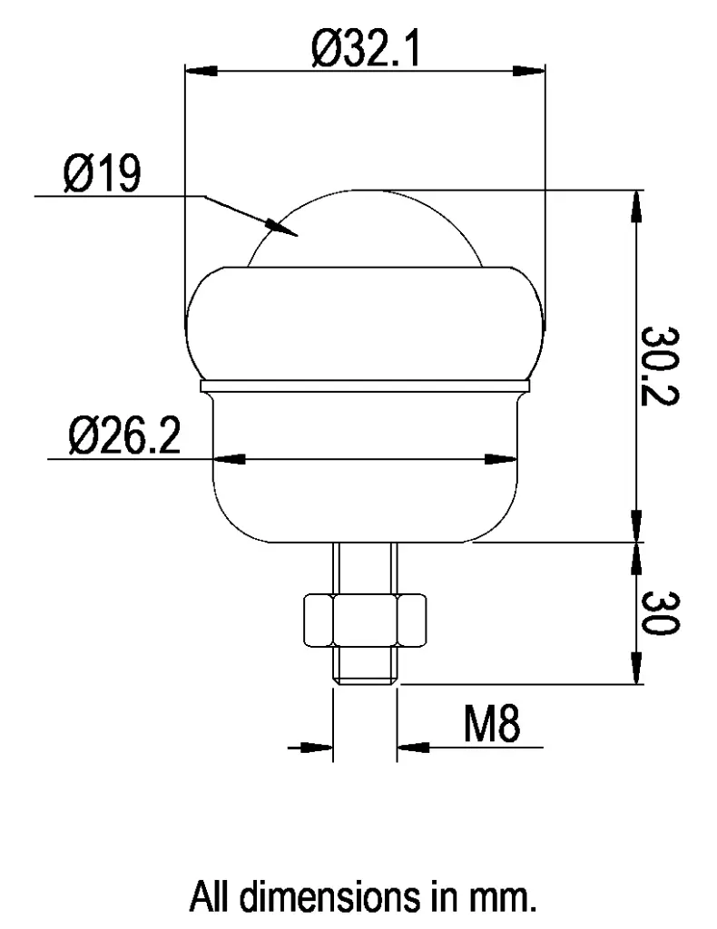 Ball Transfer Unit, Thread M8x30mm Fixing, Carbon Chrome Load Ball Diameter 19mm - Dimensions