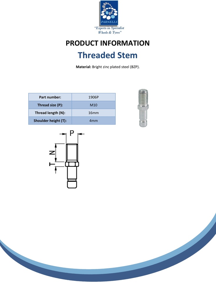 M10x16mm threaded stem for castors - Spec sheet