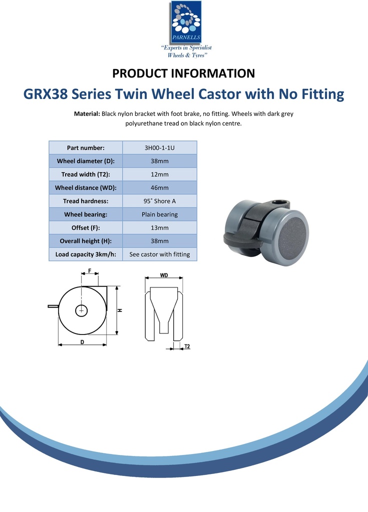 GRX38 Series 2x38mm black twin wheel castor with foot brake, no fitting, grey polyurethane tread on black nylon centre wheels, 50kg - Spec sheet