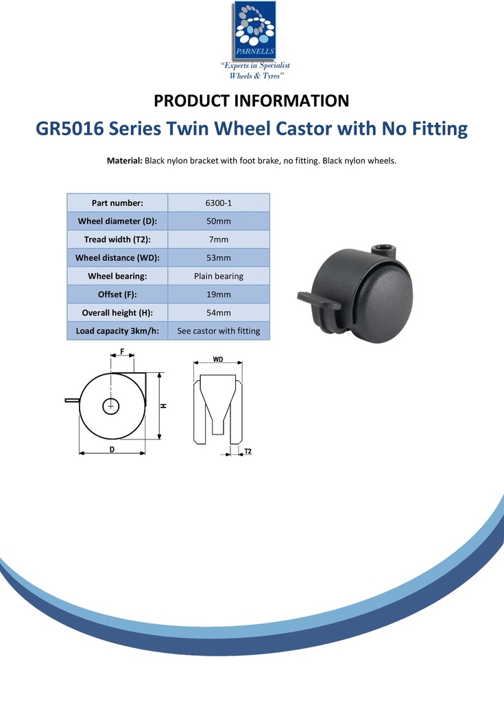 GR5016 Series 2x50mm black twin wheel castor with foot brake, no fitting, black nylon wheels, 50kg - Spec sheet
