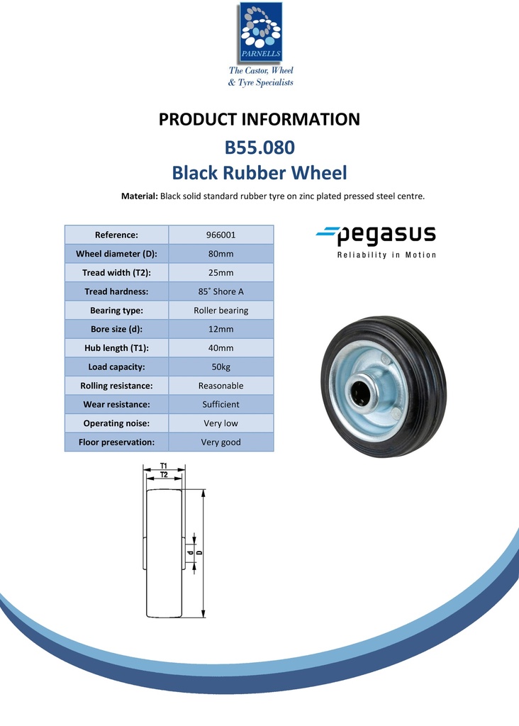 B55.080 Wheel series 80mm black rubber on zinc plated steel centre 12mm bore hub length 40mm roller bearing 50kg - Spec sheet