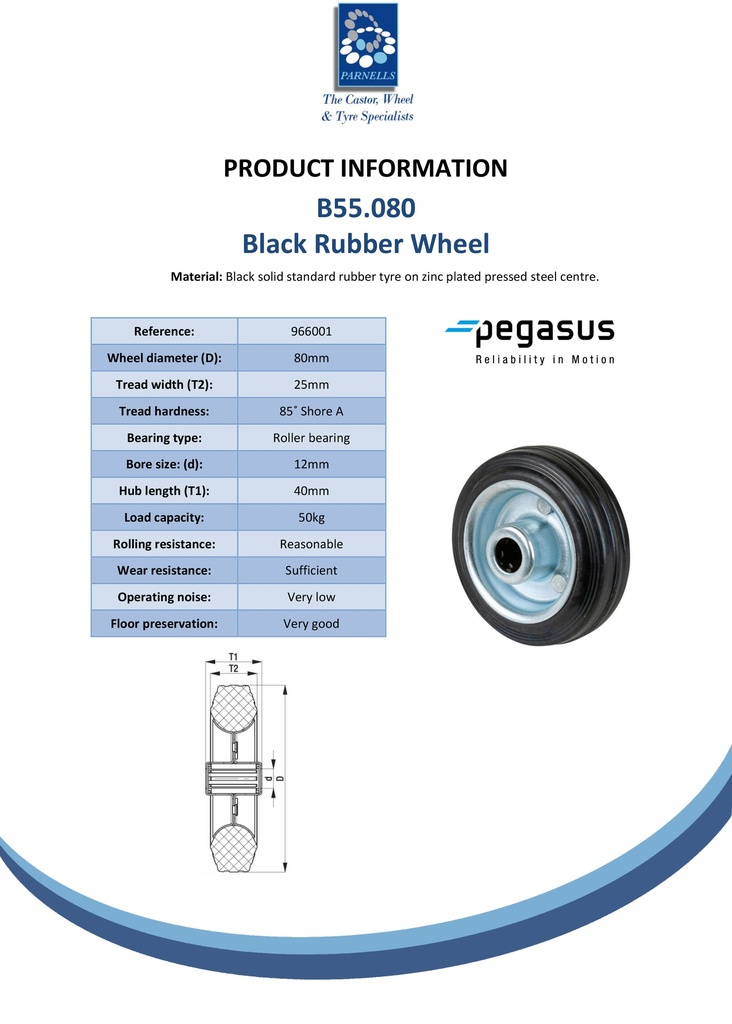 B55.080 Wheel series 80mm black rubber on zinc plated steel centre 12mm bore hub length 40mm roller bearing 50kg - Spec sheet