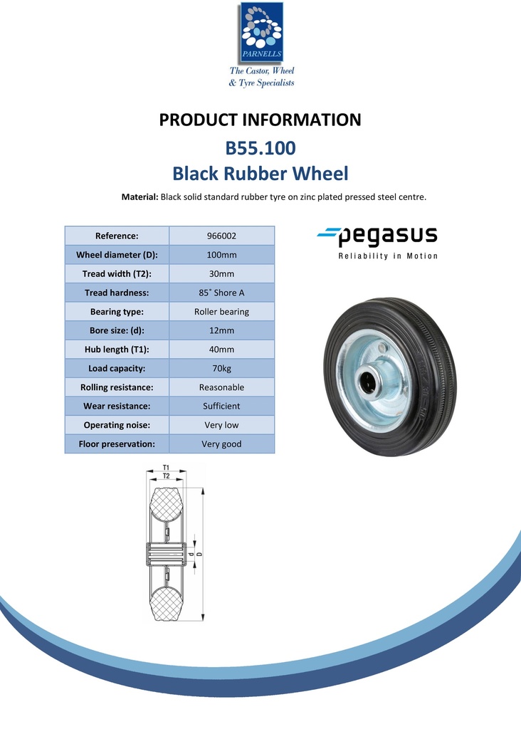B55.100 Wheel series 100mm black rubber on zinc plated steel centre 12mm bore hub length 40mm roller bearing 70kg - Spec sheet