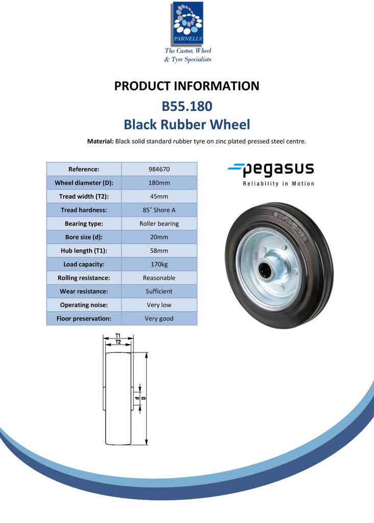 B55.180, Wheel series 180mm black rubber on zinc plated steel centre 20mm bore hub length 58mm roller bearing 170kg - Spec sheet