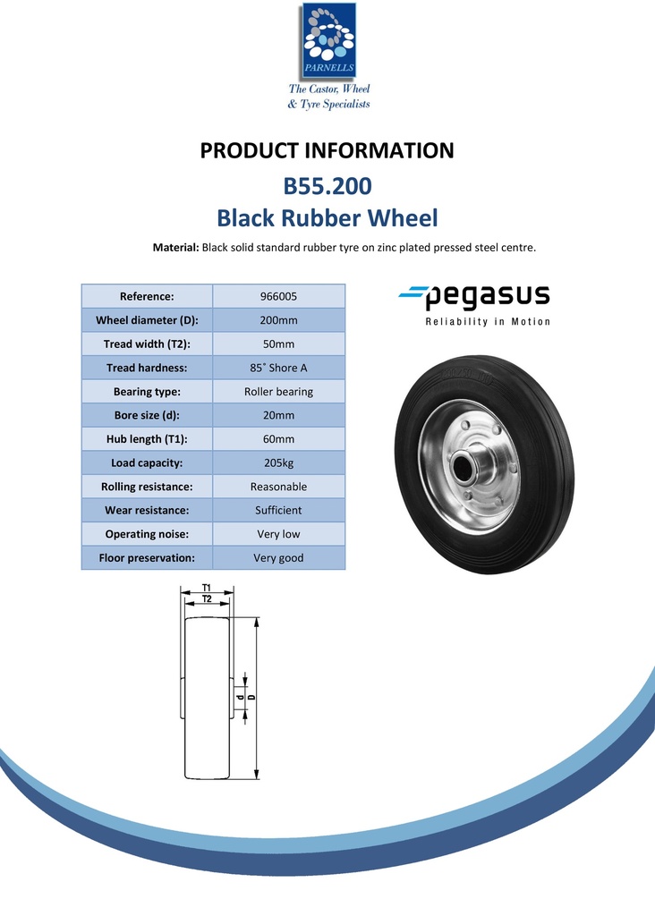 B55.200 Wheel series 200mm black rubber on zinc plated steel centre 20mm bore hub length 60mm roller bearing 205kg - Spec sheet