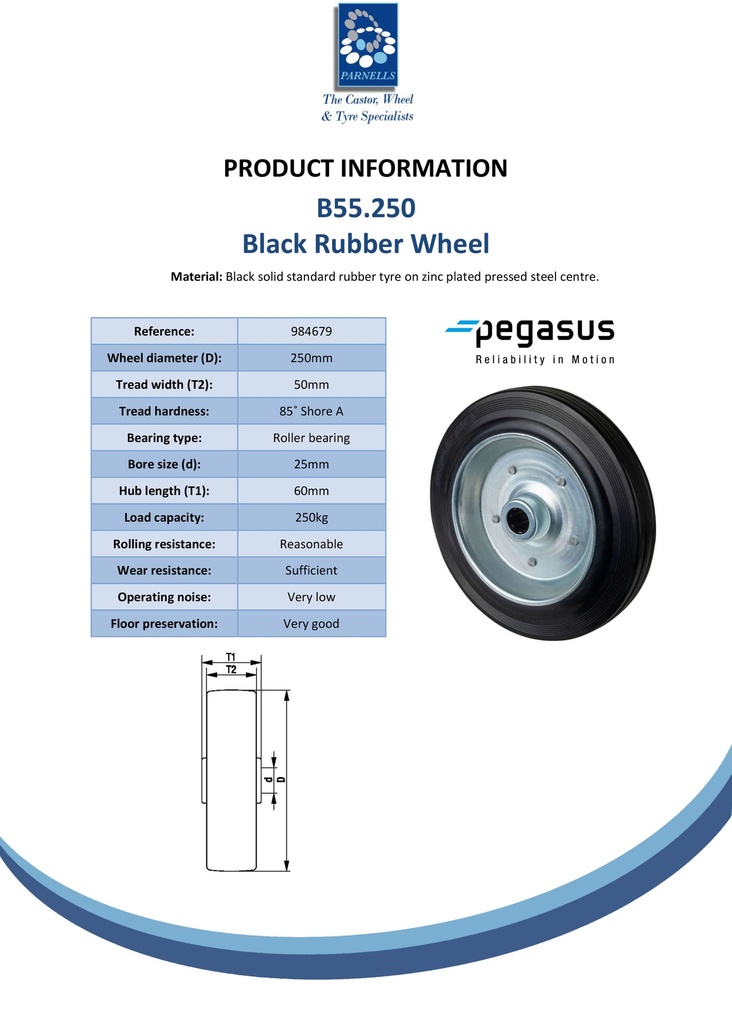 B55.250 Wheel series 250mm black rubber on zinc plated steel centre 25mm bore hub length 60mm roller bearing 250kg - Spec sheet