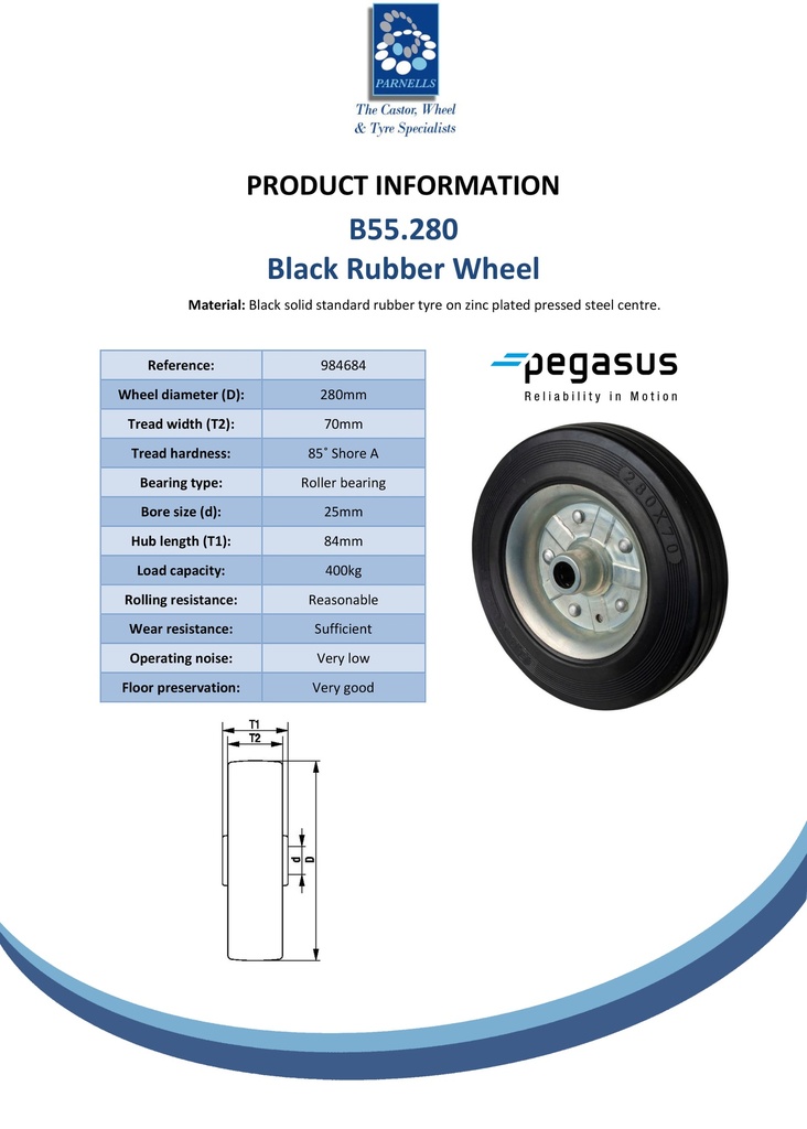 B55.280 Wheel series 280mm black rubber on zinc plated steel centre 25mm bore hub length 84mm roller bearing 400kg - Spec sheet