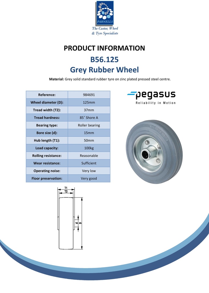 B56.125 Wheel series 125mm grey rubber on zinc plated steel centre 15mm bore hub length 50mm roller bearing 100kg - Spec sheet