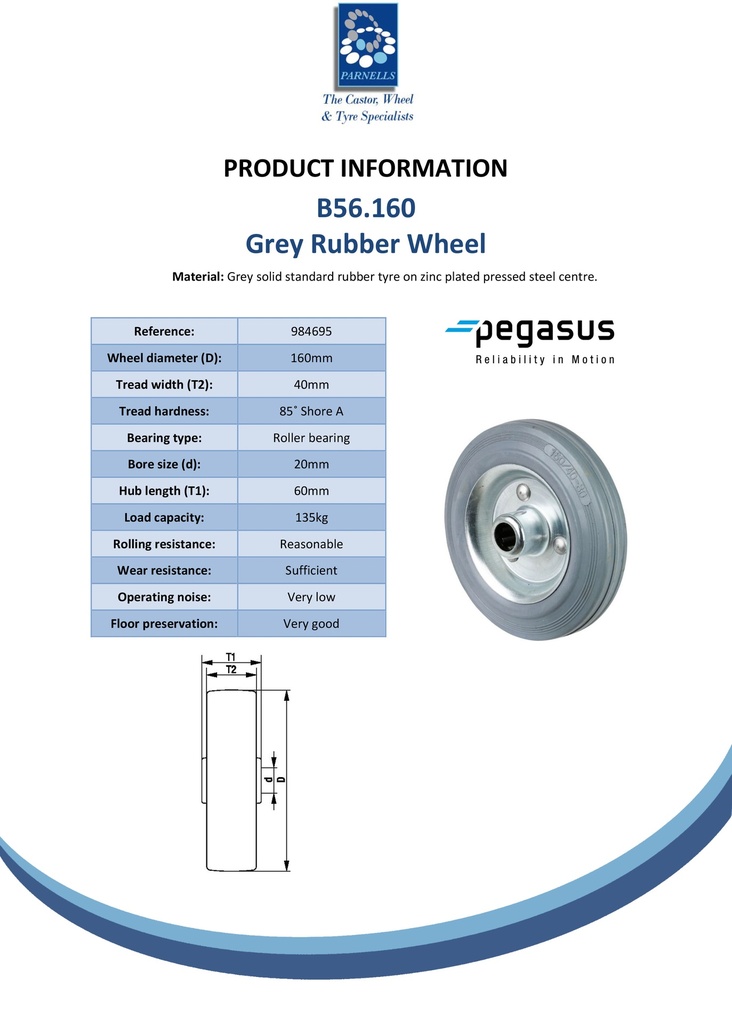 B56.160 Wheel series 160mm grey rubber on zinc plated steel centre 20mm bore hub length 60mm roller bearing 135kg - Spec sheet