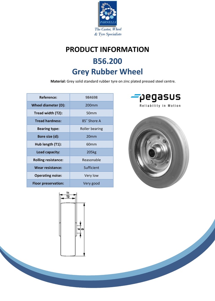 B56.200 Wheel series 200mm grey rubber on zinc plated steel centre 20mm bore hub length 60mm roller bearing 205kg - Spec sheet