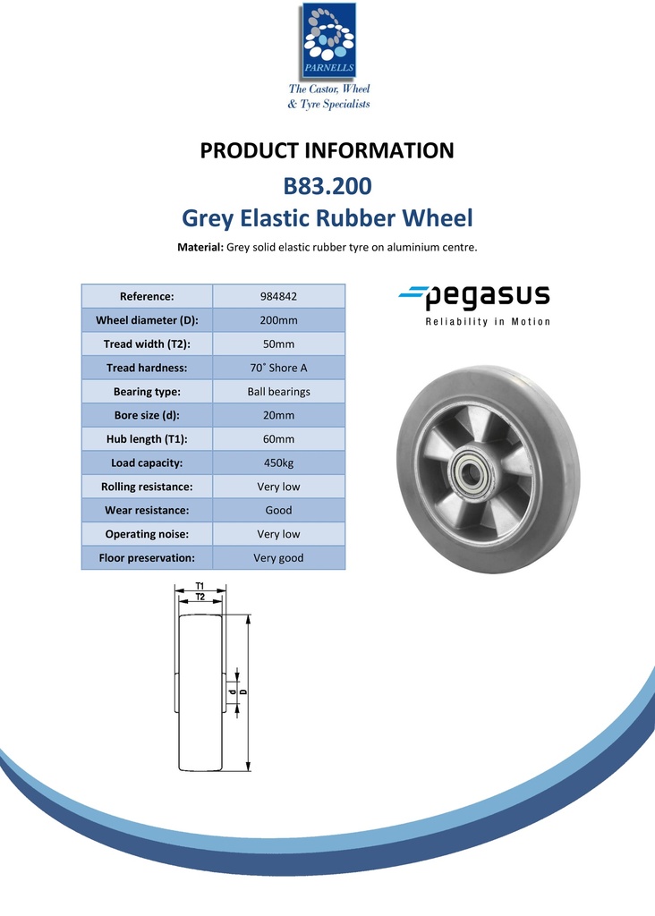 B83.200 Wheel series 200mm grey elastic rubber on aluminium centre 20mm bore hub length 60mm ball bearings 450kg - Spec sheet