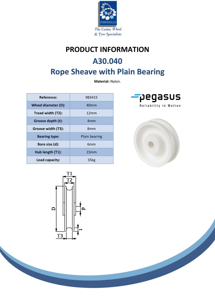 A30.040 Wheel series Rope sheave 40mm nylon 6mm bore hub length 15mm plain bearing 35kg - Spec sheet