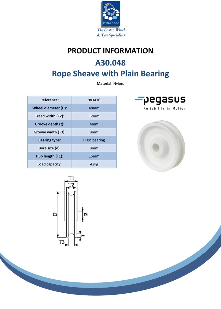 A30.048 Wheel series Rope sheave 48mm nylon 8mm bore hub length 15mm plain bearing 42kg - Spec sheet