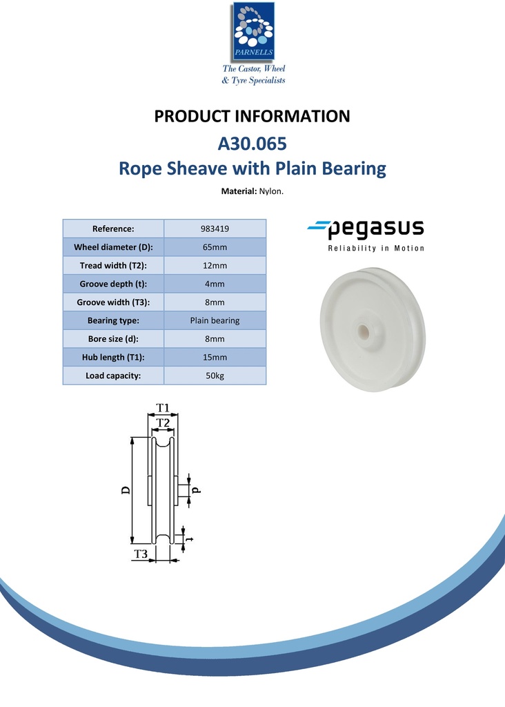 A30.065 Wheel series Rope sheave 65mm nylon 8mm bore hub length 15mm plain bearing 50kg - Spec sheet