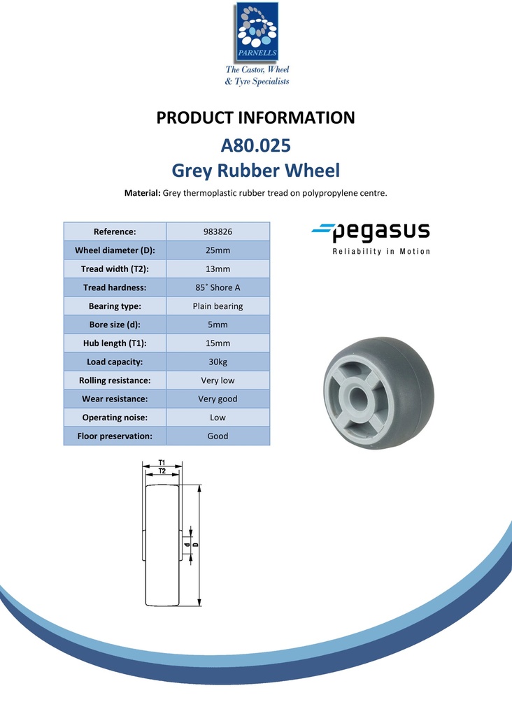 A80.025 Wheel series 25mm grey thermoplastic rubber on polypropylene centre 5mm bore hub length 15mm plain bearing 30kg - Spec sheet