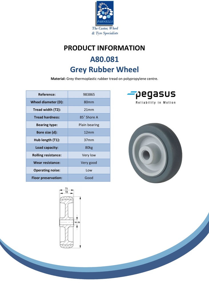 A80.081 Wheel series 80mm grey thermoplastic rubber on polypropylene centre 12mm bore hub length 37mm plain bearing 80kg - Spec sheet