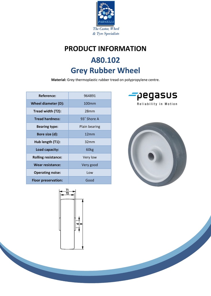 A80.102 Wheel series 100mm grey thermoplastic rubber on polypropylene centre 12mm bore hub length 32mm plain bearing 60kg - Spec sheet