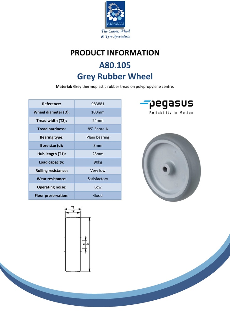 A80.105 Wheel series 100mm grey thermoplastic rubber on polypropylene centre 8mm bore hub length 28mm plain bearing 90kg - Spec sheet