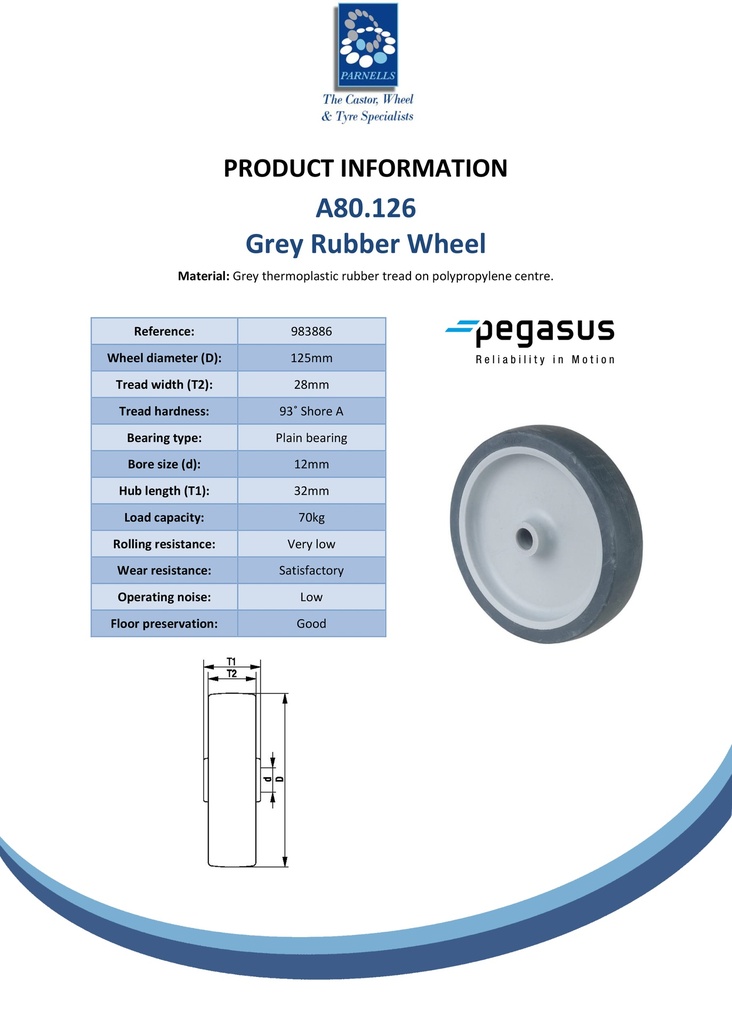 A80.126 Wheel series 125mm grey thermoplastic rubber on polypropylene centre 12mm bore hub length 32mm plain bearing 70kg - Spec sheet