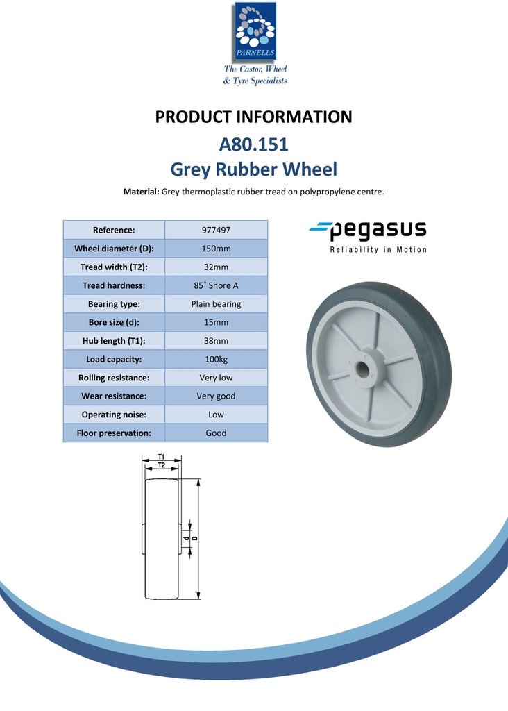 A80.151 Wheel series 150mm grey thermoplastic rubber on polypropylene centre 15mm bore hub length 38mm plain bearing 100kg - Spec sheet