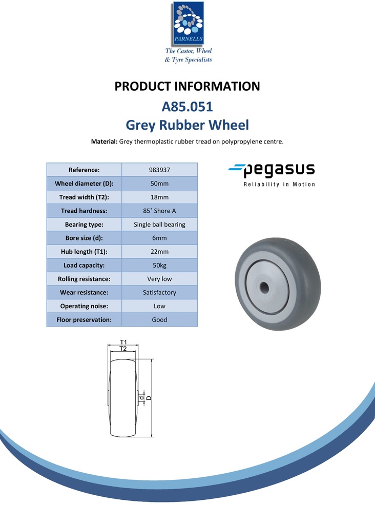 A85.051 Wheel series 50mm grey thermoplastic rubber on polypropylene centre 6mm bore hub length 22mm single ball bearing 50kg - Spec sheet