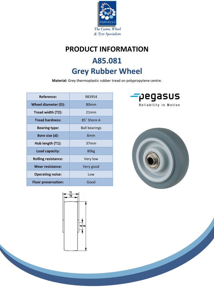 A85.081 Wheel series 80mm grey thermoplastic rubber on polypropylene centre 8mm bore hub length 37mm ball bearings 80kg - Spec sheet