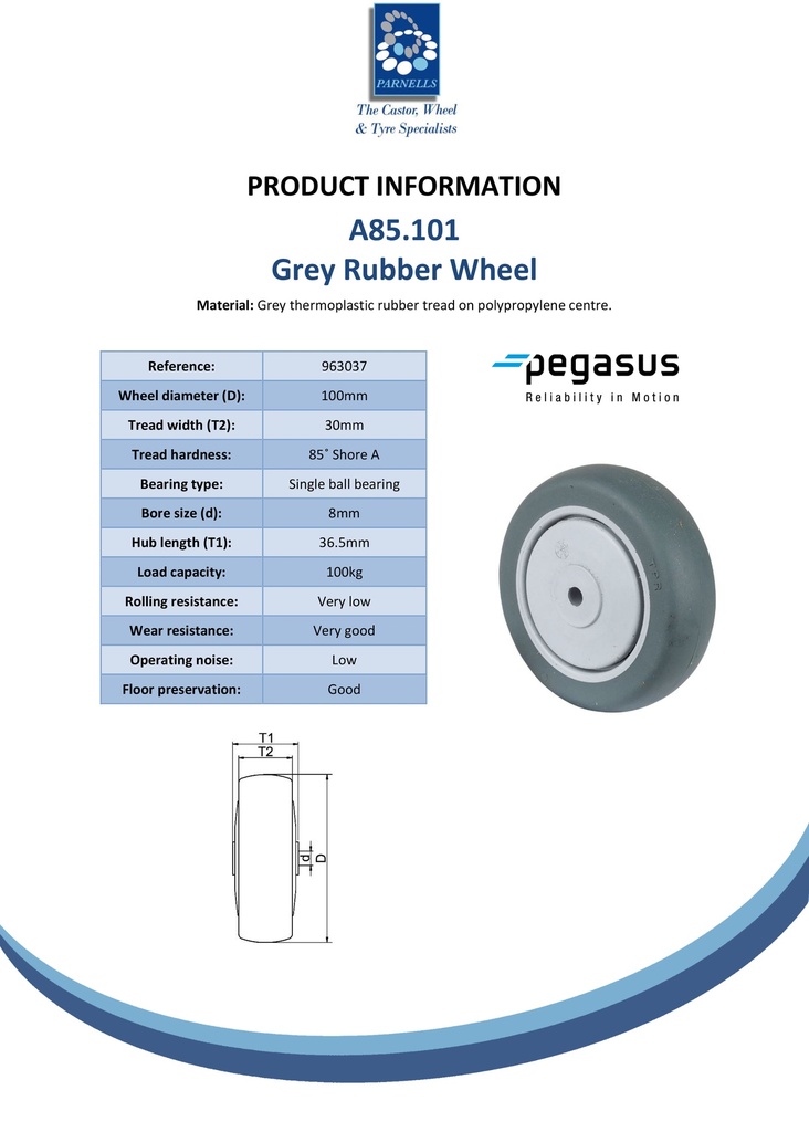A85.101 Wheel series 100mm grey thermoplastic rubber on polypropylene centre 8mm bore hub length 36.5mm single ball bearing 100kg - Spec sheet