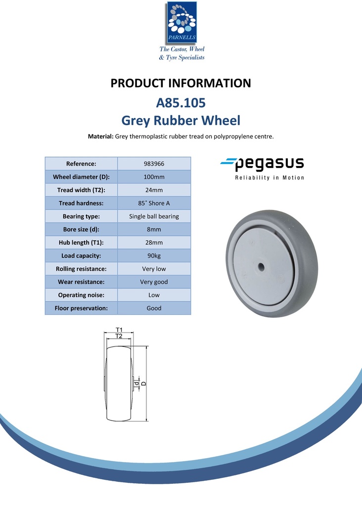 A85.105 Wheel series 100mm grey thermoplastic rubber on polypropylene centre 8mm bore hub length 28mm single ball bearing 90kg - Spec sheet