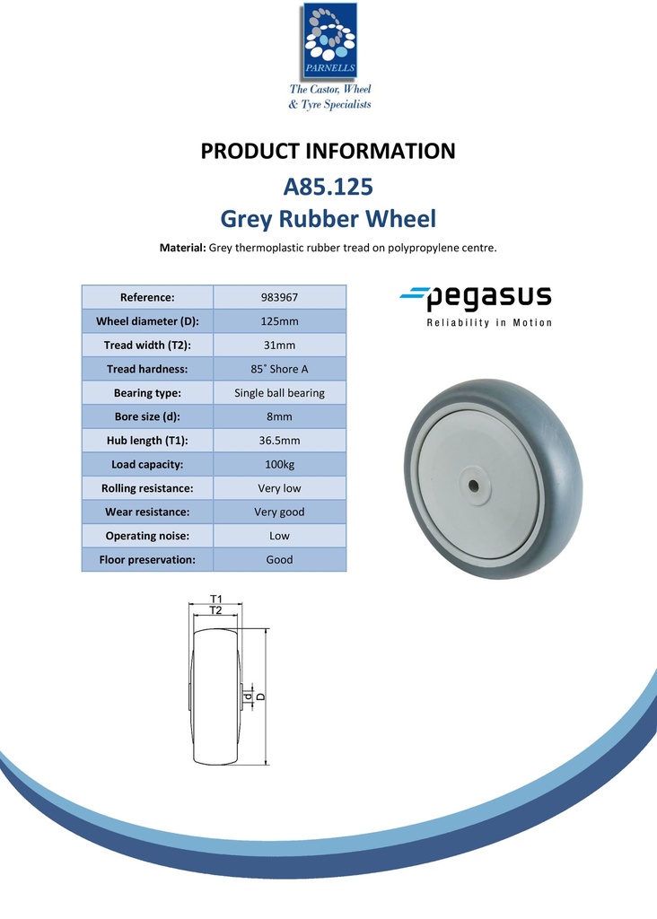 A85.125 Wheel series 125mm grey thermoplastic rubber on polypropylene centre 8mm bore hub length 36.5mm single ball bearing 100kg - Spec sheet
