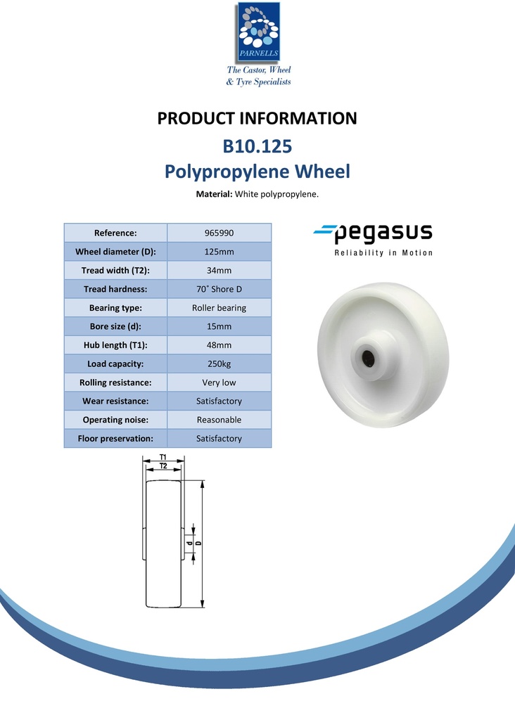 B10.125 Wheel series 125mm polypropylene 15mm bore hub length 48mm roller bearing 250kg - Spec sheet