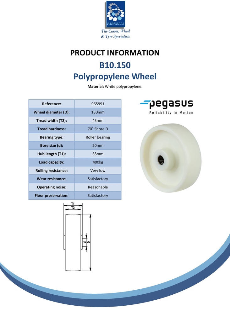 B10.150 Wheel series 150mm polypropylene 20mm bore hub length 58mm roller bearing 400kg - Spec sheet