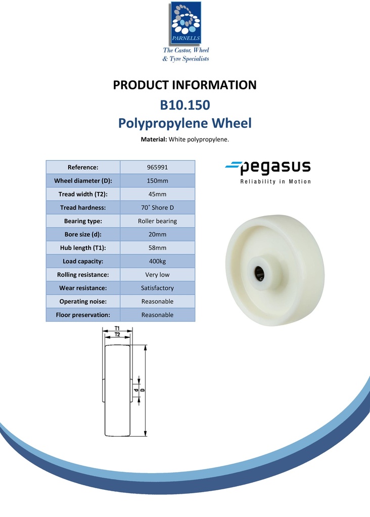 B10.150 Wheel series 150mm polypropylene 20mm bore hub length 58mm roller bearing 400kg - Spec sheet