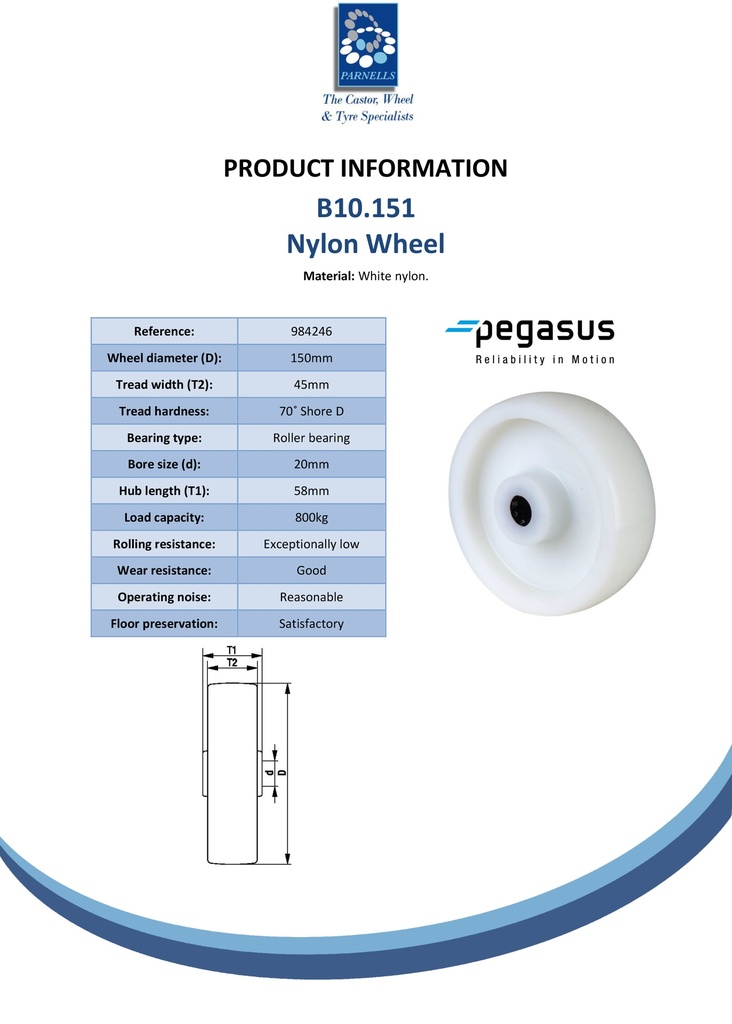B10.151 Wheel series 150mm nylon 20mm bore hub length 58mm roller bearing 800kg - Spec sheet