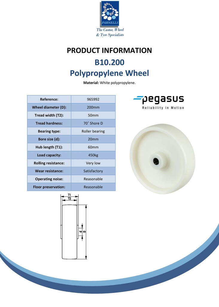 B10.200 Wheel series 200mm polypropylene 20mm bore hub length 60mm roller bearing 450kg - Spec sheet