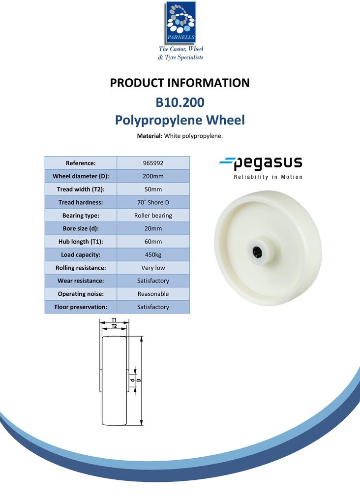 B10.200 Wheel series 200mm polypropylene 20mm bore hub length 60mm roller bearing 450kg - Spec sheet
