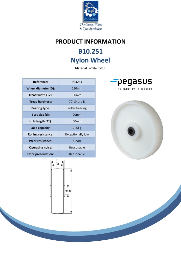 B10.251 Wheel series 250mm nylon 20mm bore hub length 60mm roller bearing 700kg - Spec sheet