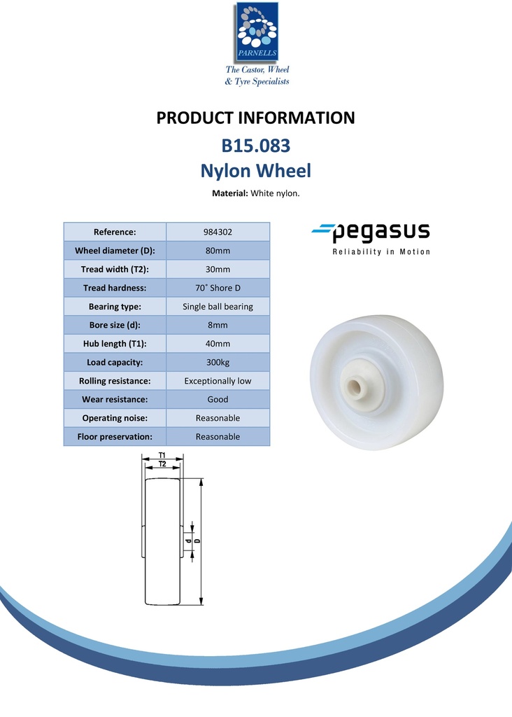 B15.083 Wheel series 80mm nylon 8mm bore hub length 40mm single ball bearing 300kg - Spec sheet