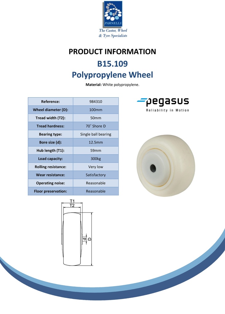 B15.109 Wheel series 100mm polypropylene 12.5mm bore hub length 59mm single ball bearing 300kg - Spec sheet