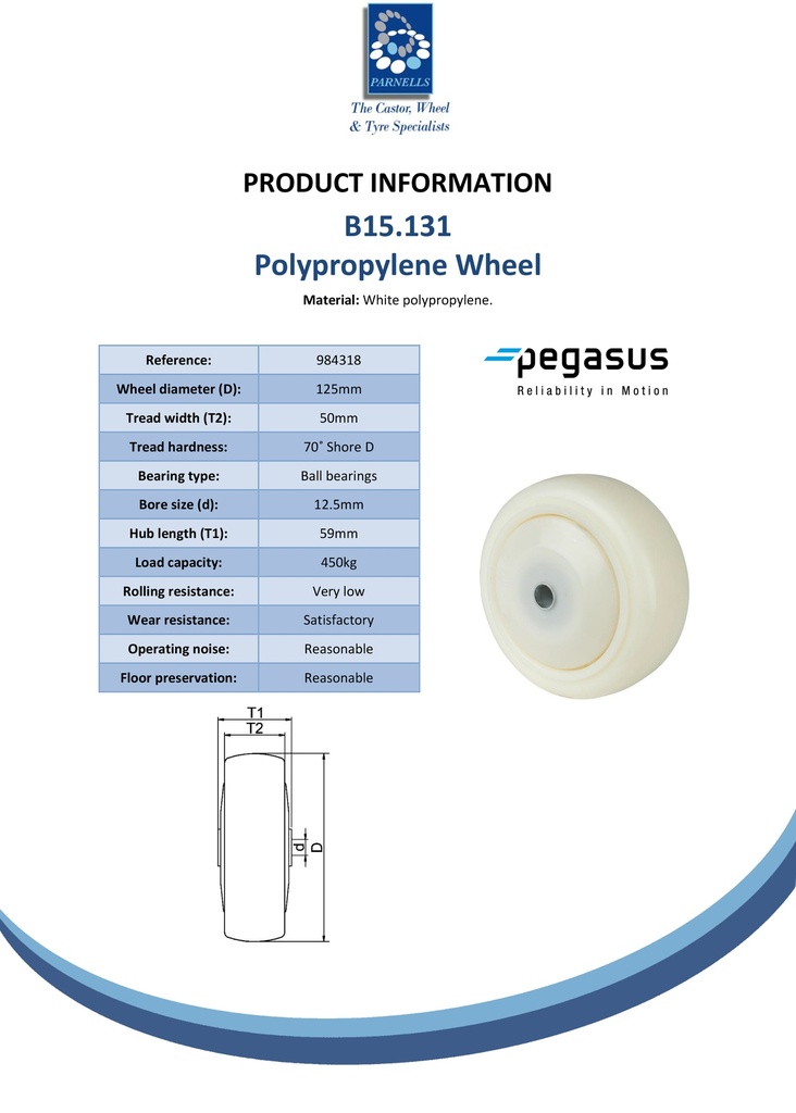 B15.131 Wheel series 125mm polypropylene 12.5mm bore hub length 59mm ball bearing 450kg - Spec sheet