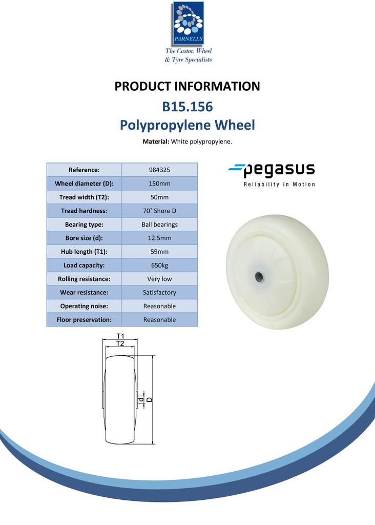 B15.156 Wheel series 150mm polypropylene 12.5mm bore hub length 59mm ball bearing 650kg - Spec sheet
