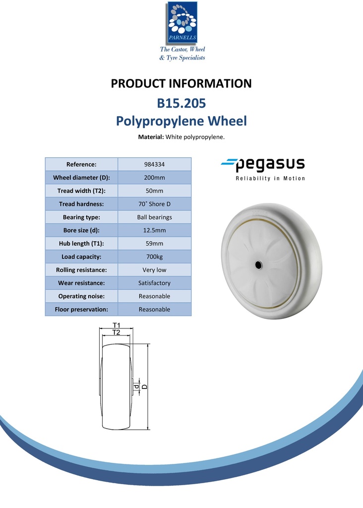 B15.205 Wheel series 200mm polypropylene 12.5mm bore hub length 59mm ball bearing 700kg - Spec sheet