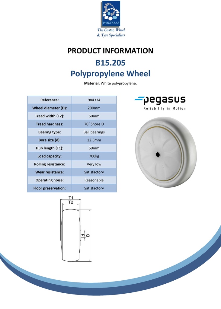 B15.205 Wheel series 200mm polypropylene 12.5mm bore hub length 59mm ball bearing 700kg - Spec sheet