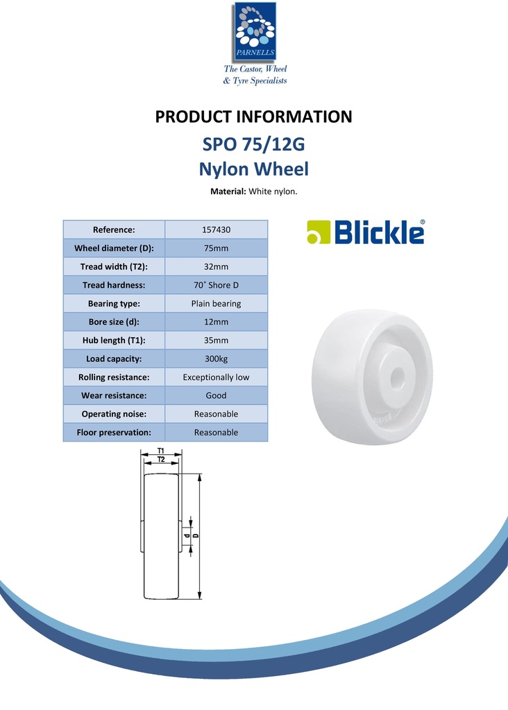 SPO 75/12G Wheel series 75mm nylon 12mm bore hub length 35mm plain bearing 300kg - Spec sheet