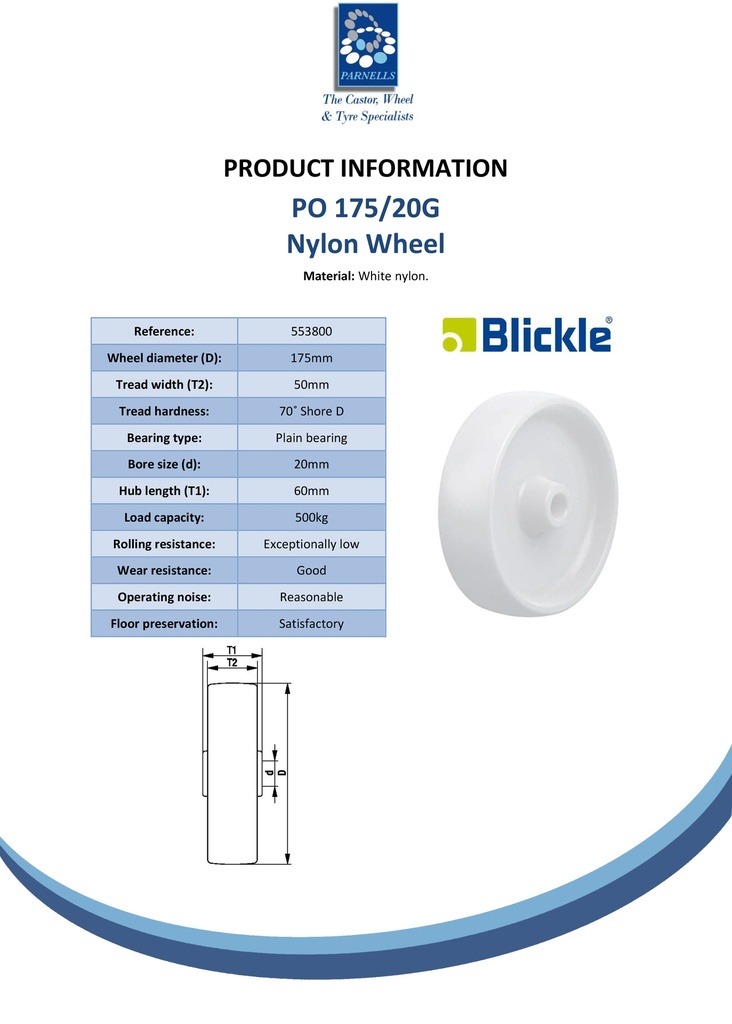 PO 175/20G Wheel series 175mm nylon 20mm bore hub length 60mm plain bearing 500kg - Spec sheet