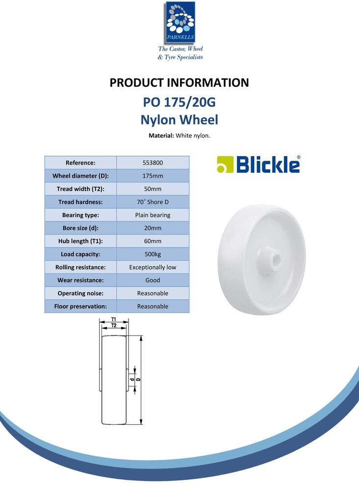 PO 175/20G Wheel series 175mm nylon 20mm bore hub length 60mm plain bearing 500kg - Spec sheet