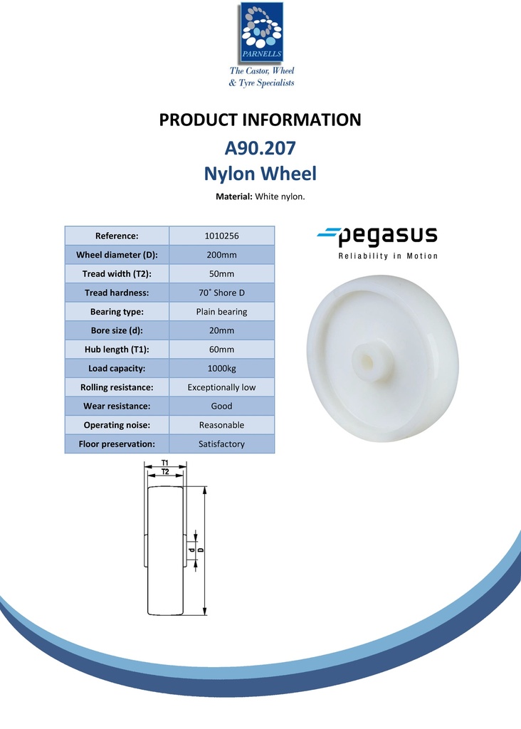 A90.207 Wheel series 200mm nylon 20mm bore hub length 60mm plain bearing 1000kg - Spec sheet