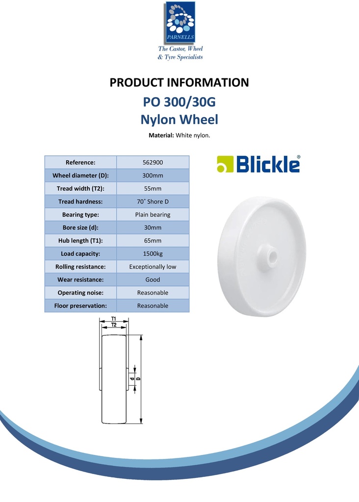 PO 300/30G Wheel series 300mm nylon 30mm bore hub length 65mm plain bearing 1500kg - Spec sheet